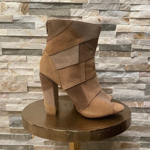 Torrid 7W Patchwork Heeled Booties | Leather Upper, Peep Toe, Neutral Suede - Picture 1 of 9